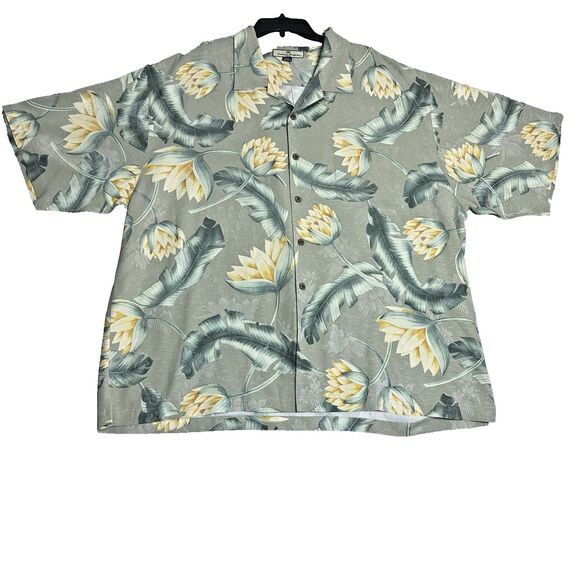 Tommy Bahama Mens XXL Silk Shirt Gray Floral Banana Leaf Aloha Camp Relaxed Fit - Picture 9 of 10